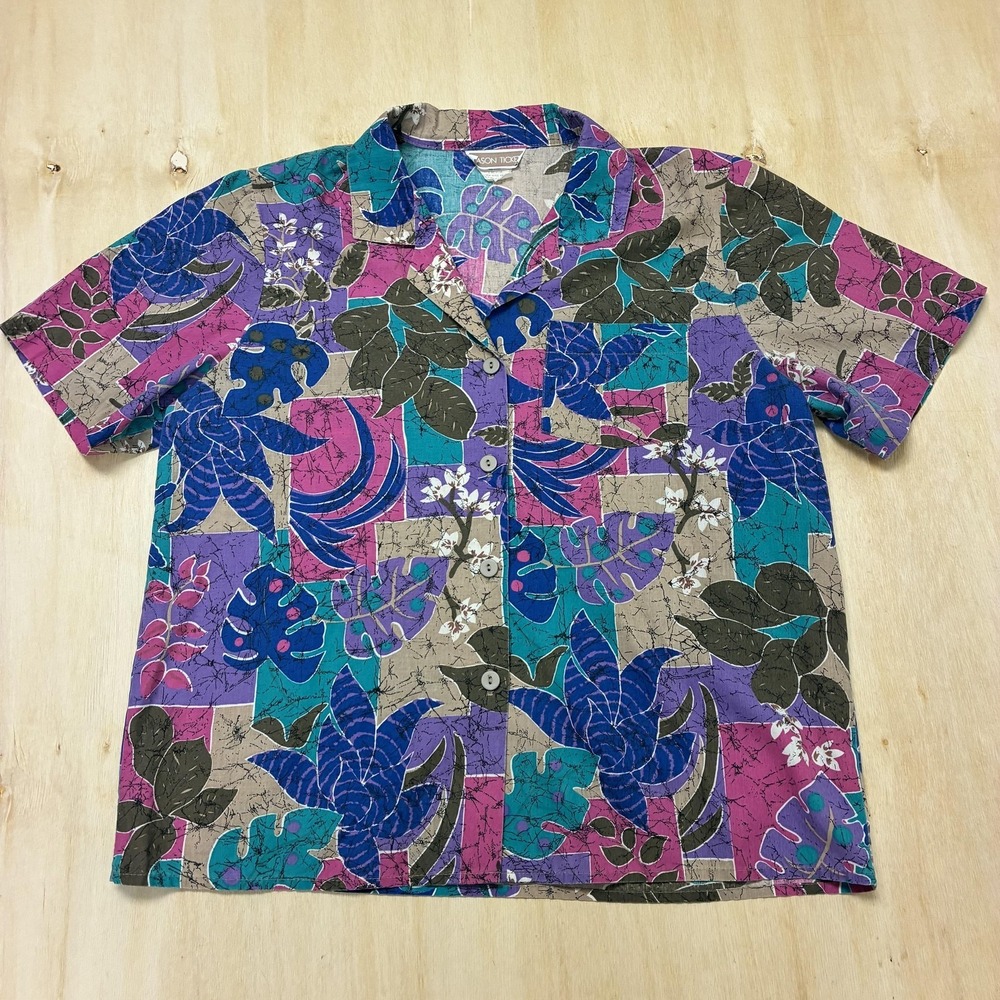 Vintage Season Ticket Shirt Womens Large Hawaiian Tropical Floral Button Up USA